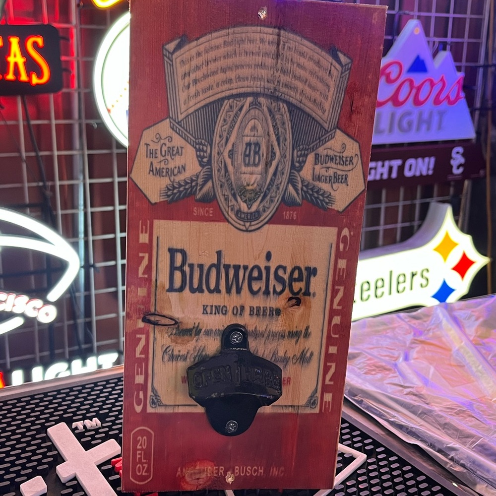 Budweiser beer Bottle Opener hand made wall mounted man cave 12”x5.5”